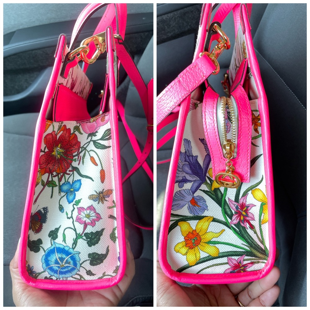 Authentic Gucci Flora Tote in fluorescent pink leather and print canvas - Picture 16 of 17